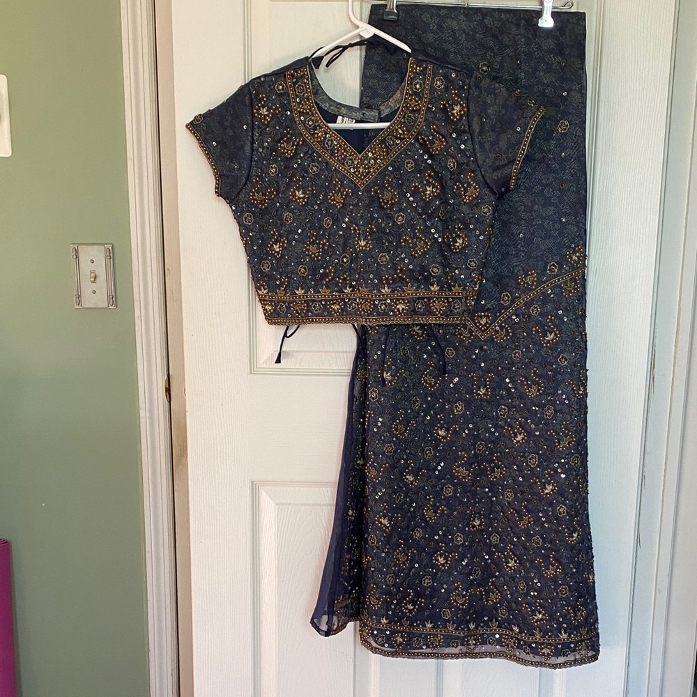 Embroidered Blue and Gold Traditional Outfit